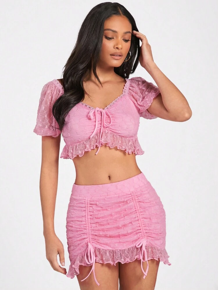 Casual Summer Crop Top With Ruffle Hem And Sweetheart Neckline, Paired With A Bodycon Skirt