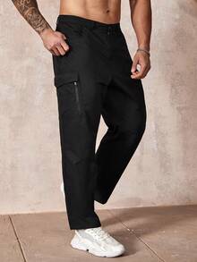 Manfinity Homme Men's Plus Size Black Casual Cargo Pants With Zippered Pockets - Black - View 4