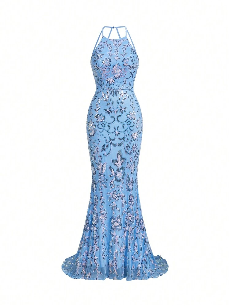 Gorgeous & Elegant Blue Luxurious Sequin Positioning Flower-Shaped Sequin Fabric Round Neck Back Cross Strap Beautiful Back Fishtail Dress Support Cross-Tied Backless Mermaid Prom Dress With Line Elegant Gorgeous And Charming Gathered High Slits Tight Fishtail Hem Perfect For Graduation Mother's Day, Music Festival Holiday Women's Heavy Industry Dress Blue Prom Dress, Halloween