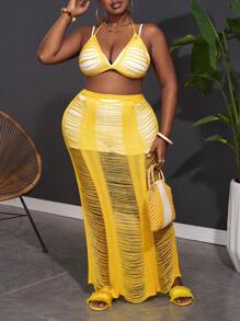 Slaydiva Plus Size Vacation Style Sexy Slim Fit Tassel See-Through Hollow Out Top And Skirt Knitwear Two-Piece Set For Women-Z