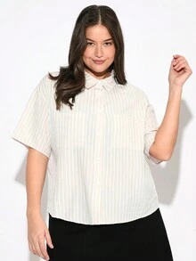 SHEIN BASICS Plus Size Women's Woven Striped Shirt With Collar For - Apricot - View 3