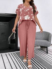 SHEIN LUNE Bộ đồ hai mảnh tay cánh dơi in hoa cỡ lớn và quần dài cho nữ mùa hè - Bụi hồng - Xem 3