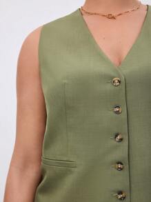 BizChic Plus Size Solid Color Basic Casual Suit Vest And Shorts Set, Suitable For Summer In Fall/Winter - Olive Green - View 8