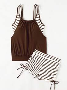 SHEIN Swim Women's Striped And Floral Print 2 In 1 Tankini Set Summer
