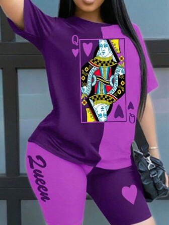 Inoviana Fashionable Plus Size Women's Poker Pattern Printed Short Sleeve T-Shirt And Shorts Set For Summer