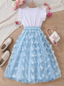 Vestido para niña preadolescente con mariposas y flores en 3d, cómodo y con estilo, para un toque de vitalidad - Azul - Ver 2