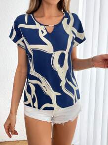 SHEIN Essnce Women's Full Print Hollow Out Collar Batwing Sleeve Blouse,Short Sleeve Tops - Navy Blue - View 4