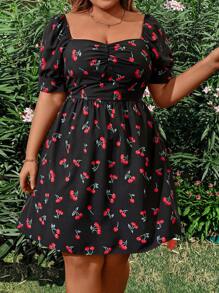 Flirla Plus Size Boho Summer Holiday Cherry Print Dress With Sweetheart Neckline - Multicolor - View 1