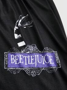 Beetlejuice | ROMWE Dark Gothic Horror Movie Patterned Cami Top & Pants Pajama Set, School - Black - View 8