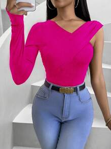 VaVaBold Mùa Xuân Giải trí Thon gọn Không đối xứng Đường viền cổ áo Áo thun - Màu Hồng Tươi - Xem 3