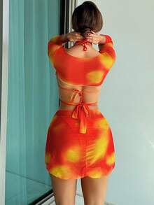 SHEIN Swim Bộ bikini cúp tam giác dây màu gradient dành cho nữ - Đỏ - Xem 2