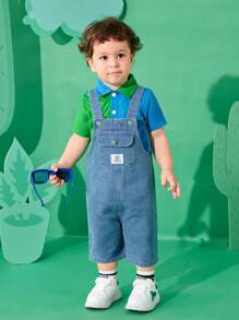 2 Piezas Vestido De Diario Primavera/verano Para Bebé Niño Que Incluye Camisa De Manga Corta Con Bloques De Color Minimalista Y Overoles De Mezclilla - Multicolor - Ver 3