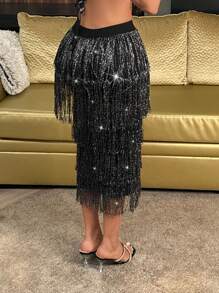 SHEIN SXY Váy tua rua gợi cảm cho nữ, mùa xuân hè - màu đen - Xem 2