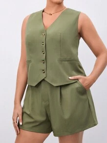 BizChic Plus Size Solid Color Basic Casual Suit Vest And Shorts Set, Suitable For Summer In Fall/Winter - Olive Green - View 7