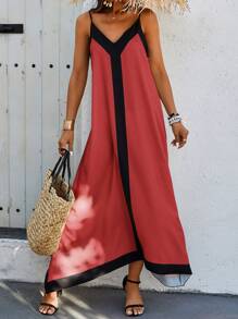 Selianne Vestido de tirantes de espagueti con bloque de color para mujer de vacaciones - Burdeos - Ver 5