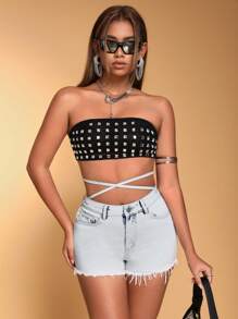 SHEIN BAE Women's Cross Waist Raw Edge Denim Shorts With Knot Detail