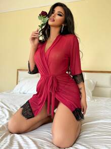 Lace & Mesh Splice Sexy Lingerie Dress - Burgundy - View 4