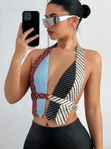 SHEIN ICON Printed Patchwork Halter Neck Crop Top With Backless Design - Multicolor - View 6