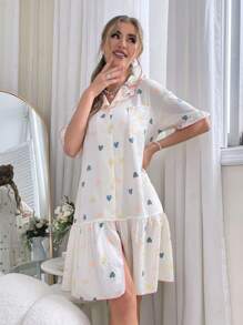 Women's Colorful Heart Printed Ruffle Collar Button-Front Pajama Sleepwear Dress - Multicolor - View 4