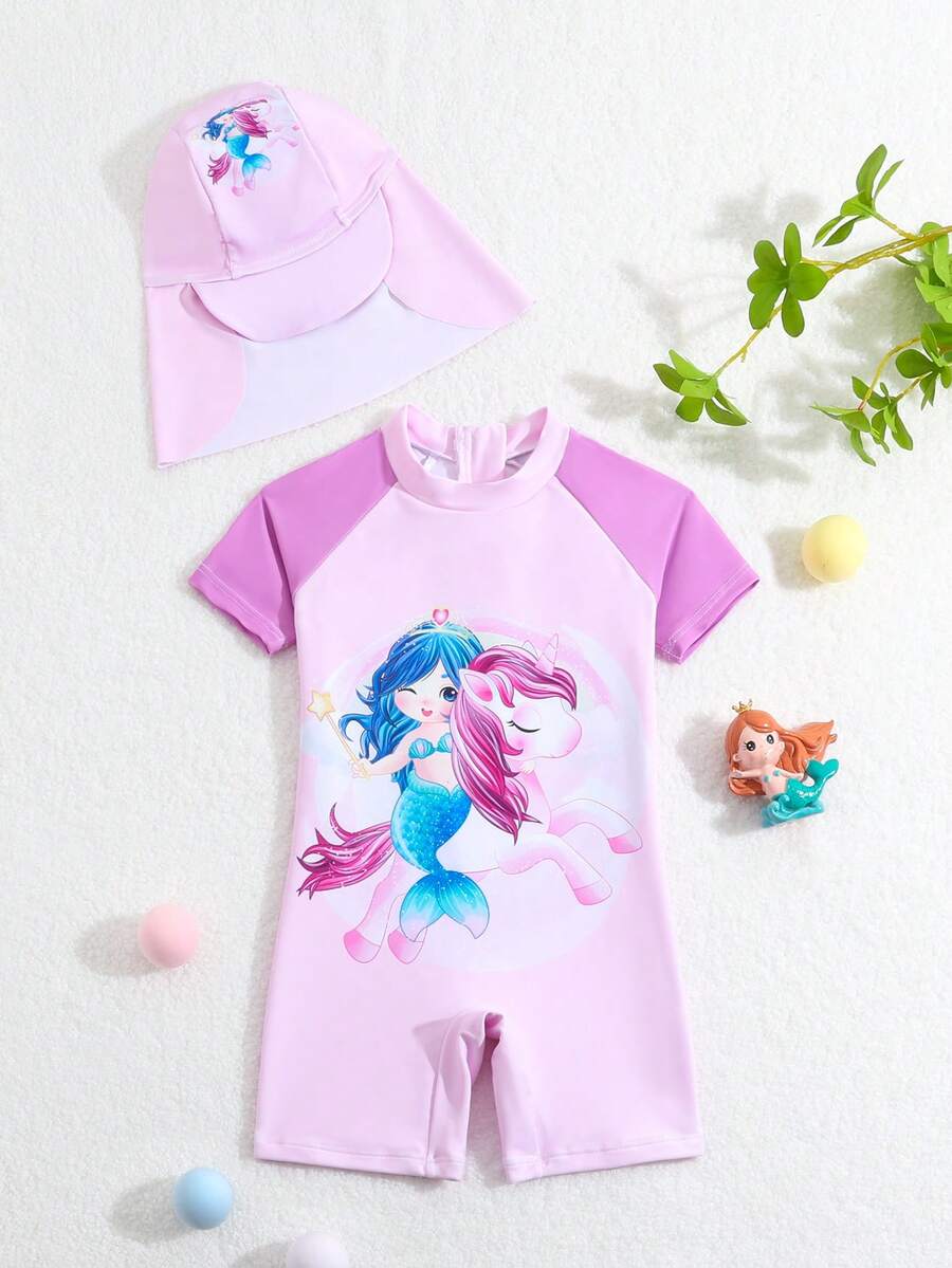 Baby Girl Cartoon Mermaid Printed One-Piece Swimsuit With Cap, Featuring Dropped Shoulder Design - Multicolor - View 1