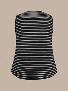 SHEIN BASICS Women's Plus Size Knitted Striped Round Neck Camisole Tank Top And Tank Top - Black and White - View 7