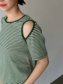 FRIFUL 空心條紋女t恤 - 綠色 - 查看 4
