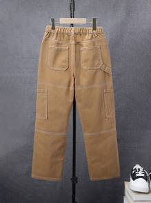 兒童男生帶口袋工裝風純色牛仔褲 - 卡其色 - 查看 2