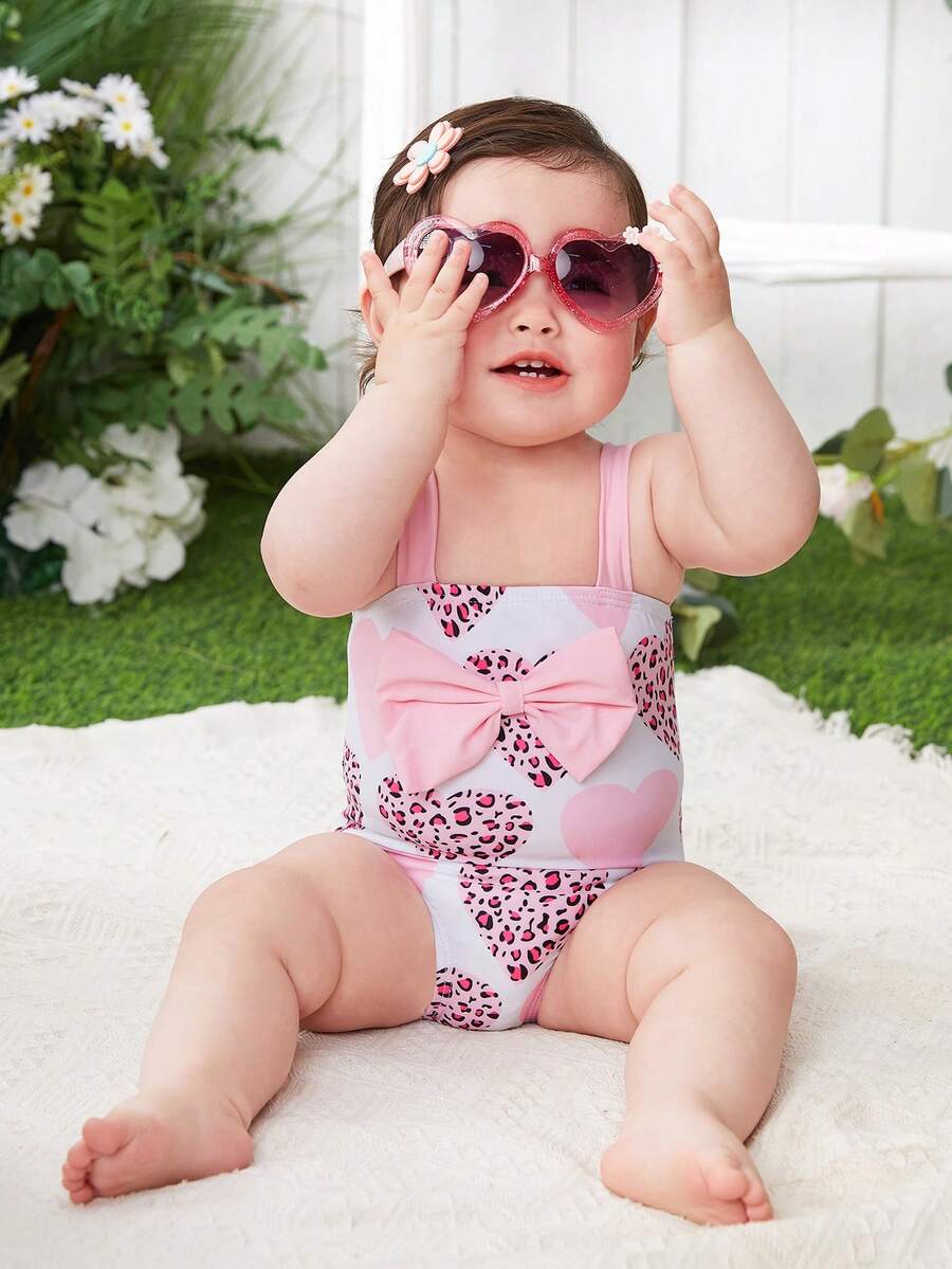 嬰兒女孩豹紋心形印花一件式泳裝,肩帶上配有蝴蝶結裝飾 - 粉色 - 查看 1