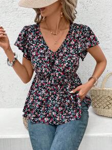 SHEIN Frenchy Women's Modest Tops V-Neck Ruffle Sleeve Cinching Waist Casual Holiday Shirt - Multicolor - View 6