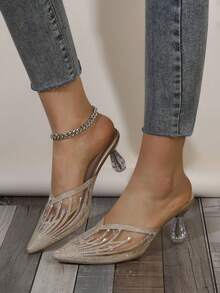 Tacones De Aguja Transparentes Elegantes Y Cómodos Para Mujeres Con Punta En Malla Y Pedrería, Con Tacones De Aguja Transparentes - Dorado - Ver 2