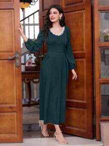 Modelyn Của phụ nữ Đúng mốt Tay áo dài Vòng cổ Đầm - Màu xanh lá cây đậm - Xem 7