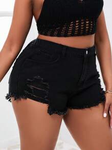 SHEIN SXY Plus Size Elastic-Free Skinny Ripped Denim Shorts - Black - View 5