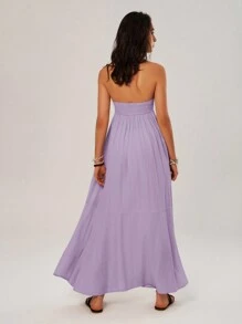 Bohemela Ladies' Solid Color Front Tie Long Halter Neck Strap Dress For Vacation - Purple - View 2