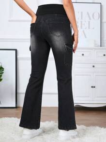 Quần Jeans Ống Loe Lưng Cao Quần Jeans Công Sở Cho Bà Bầu Có Túi - màu đen - Xem 2
