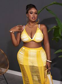 Slaydiva Plus Size Vacation Style Sexy Slim Fit Tassel See-Through Hollow Out Top And Skirt Knitwear Two-Piece Set For Women-Z