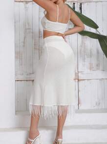 SHEIN Holidaya Women's Tassel Splicing Hollow Out Cami Top And Shorts Two Pieces Set - White - View 7