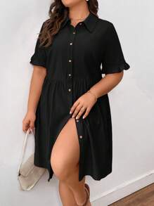 SHEIN Frenchy 大尺碼夏季短袖純色鈕扣前衬衫裙,配有荷葉邊 - 黑色 - 查看 6