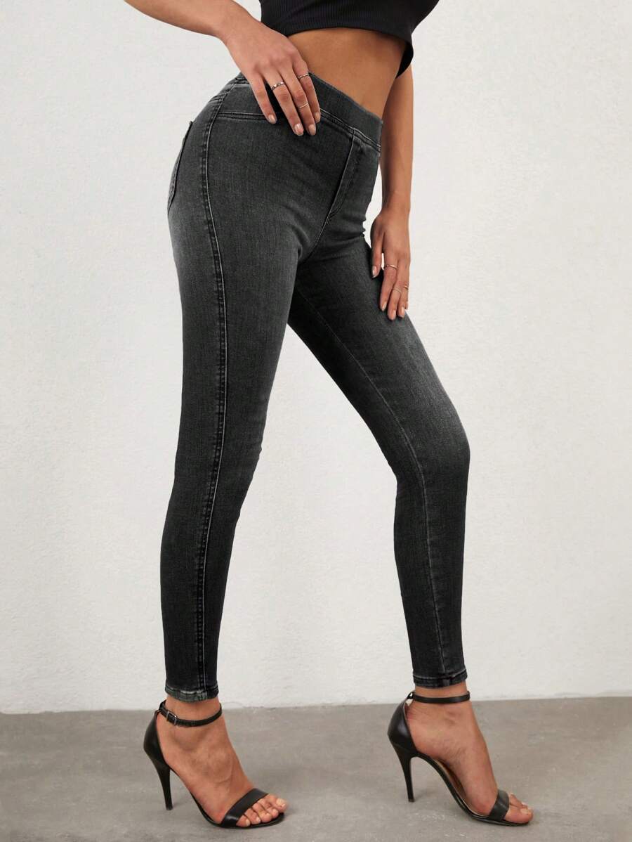 High Waisted Skinny Denim Jeans - Light Grey - View 1