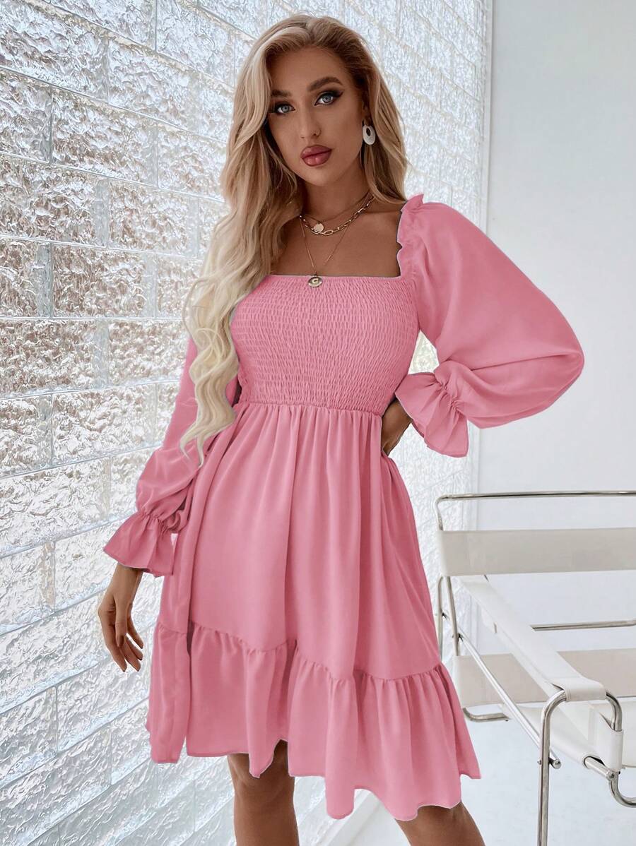 SHEIN LUNE Spring Casual Pleated Long Sleeves Dress With Ruffle Hem Fall Cloth For Women - Pink - View 1