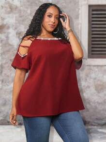 SHEIN CURVE+ Plus Size Solid Color Open Shoulder Shirt With Beaded Detailing - Burgundy - View 1
