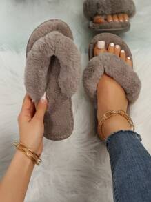 Fall/Winter Flat Women's Flip Flops With Toe Clamp, Comfortable Indoor Slippers,Fluffy Slippers - Khaki - View 4