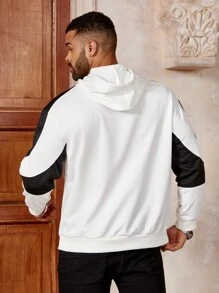 Manfinity Homme Men's Plus Size Fashionable Color Block Sweatshirt With Hood - Black and White - View 2