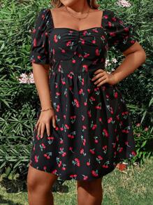 Flirla Plus Size Boho Summer Holiday Cherry Print Dress With Sweetheart Neckline - Multicolor - View 4