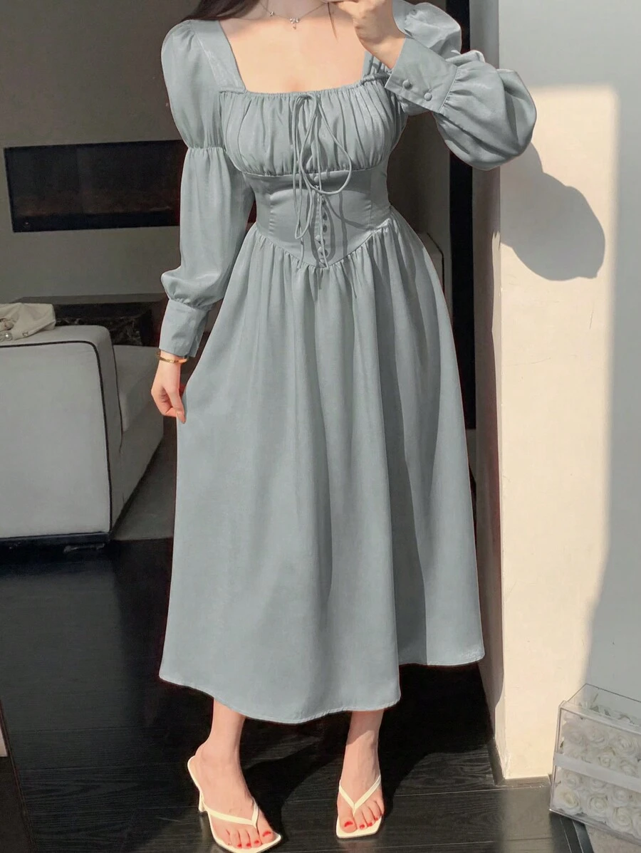 DAZY 女式春秋款方领褶饰腰带荷叶袖长裙 - 灰色 - 查看 1