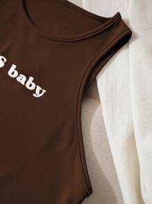 SHEIN Essnce Women's Racerback Tank Top With Dizzy Letters Print - Brown - View 5