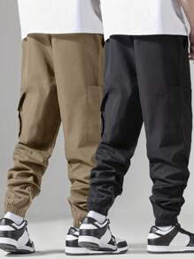 2pcs/Pack Men's Casual Versatile Simple Cargo Pants, Fall Clothes