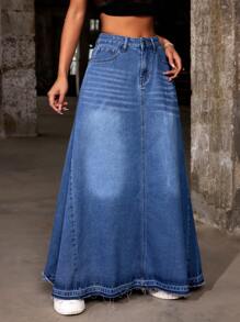 SHEIN ICON Váy denim dài thường ngày có túi cho nữ - Màu xanh lam - Xem 4