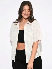SHEIN BASICS Plus Size Women's Woven Striped Shirt With Collar For - Apricot - View 4