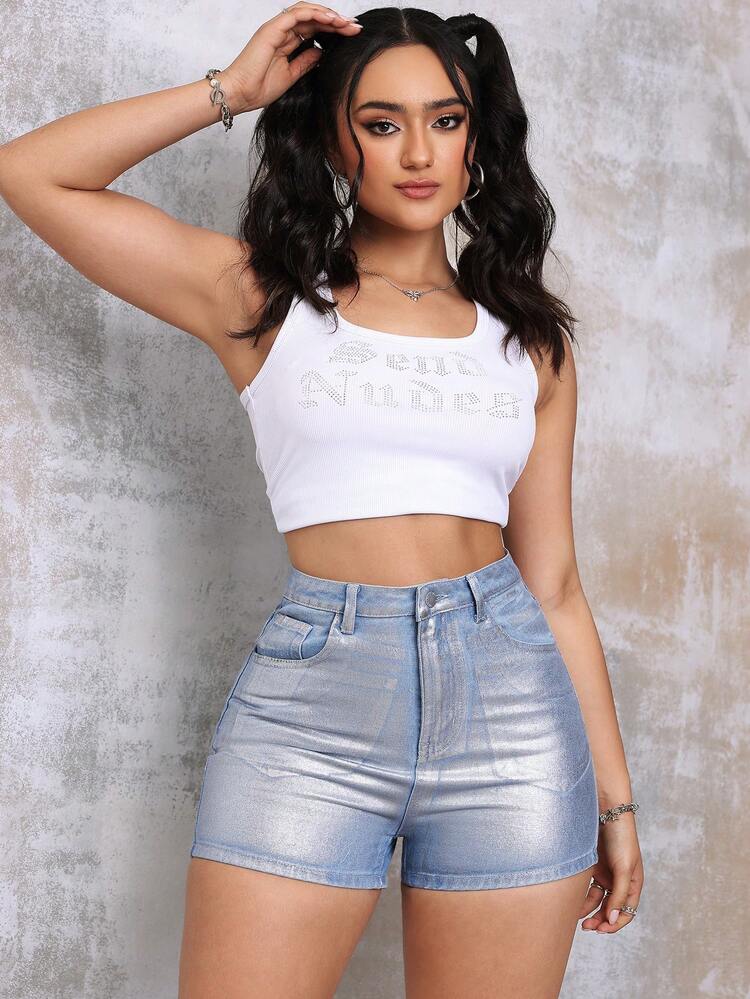 Metallic Mid Waist Loose Women's Denim Shorts