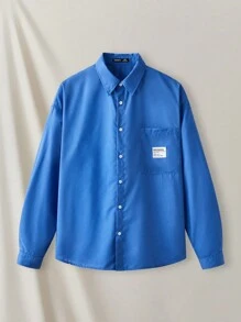 Mainfolk Men's Short Sleeve Woven Casual Button Down Shirt With Letter Patch - Blue - View 7